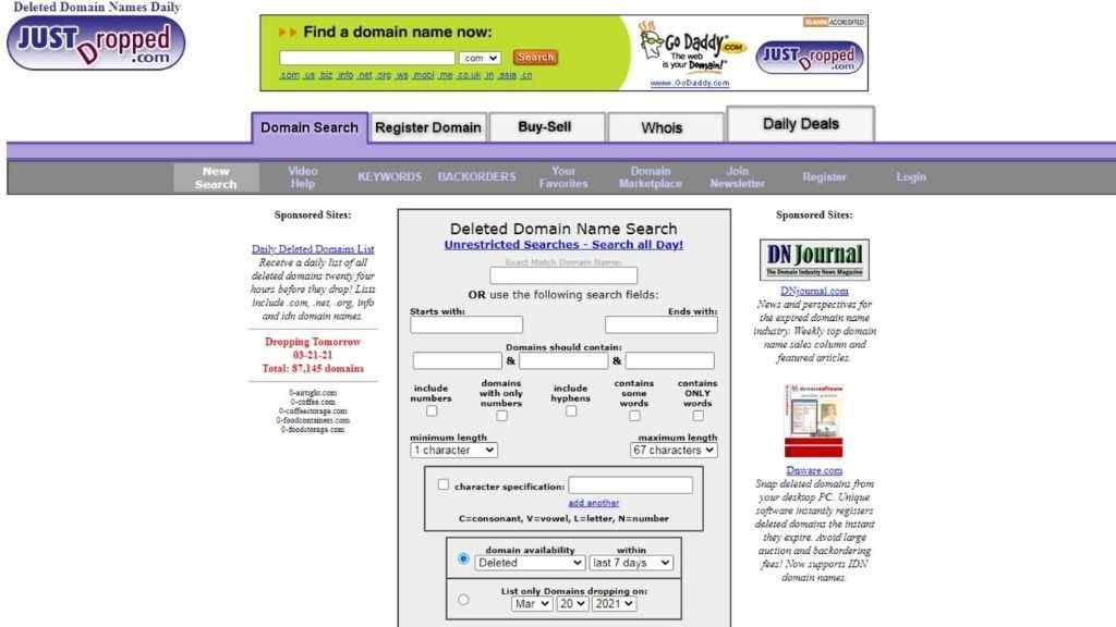 Justdropped deleted domain name search picture